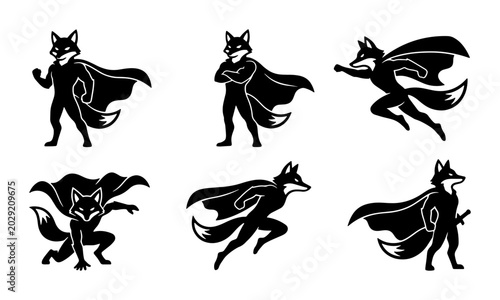 Bild auf Leinwand Superhero Fox Vector Icons, Dynamic Animal Characters, Black Silhouette Poses, C