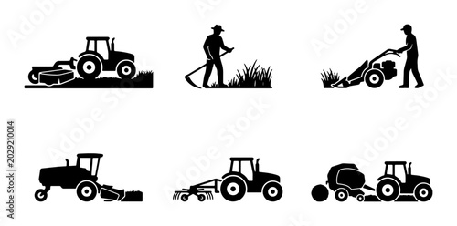 Photos Farm Equipment Icons, Agricultural Machinery Set, Tractor and Mower Silhouettes,