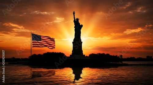 Statue of liberty with american flag at sunset