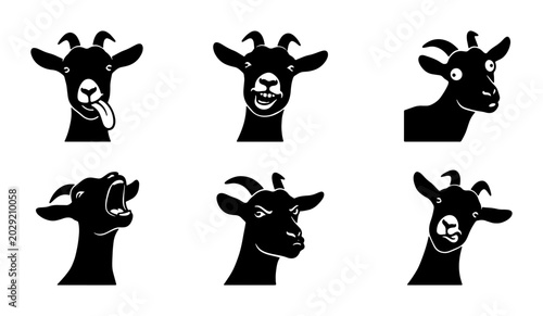 Fotografía Goat Head Emoticon Vector Icons, Funny Farm Animal Expressions, Black Silhouette