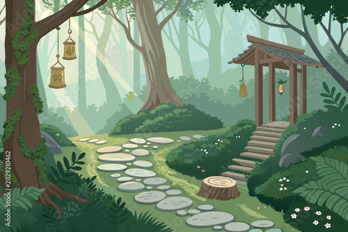 Tableau sur toile Ancient Forest Bathing Trail Background With Mossy
