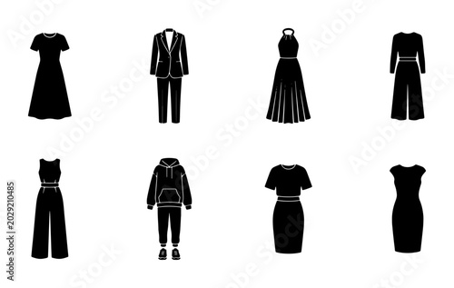 Bilde på lerret Black Fashion Icons Vector Set: Elegant Dresses, Suits, Jumpsuits, and Athleisur