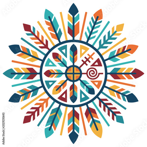 Circular native american mandala design with feathers and geometric shapes flat design folk art