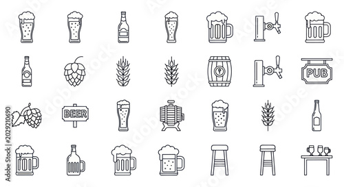 Photos Beer Icons Collection: Glasses, Bottles, Barrels, Hops, Wheat, Pub Sign