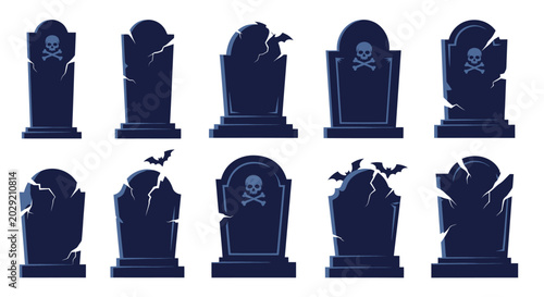 Foto Set of Halloween Tombstones with Bats and Skull Icons