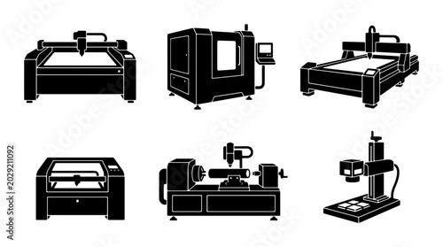 Fotografie Industrial Machinery Icons: CNC Router, Laser Cutter, Lathe, 3D Printer, Engrave