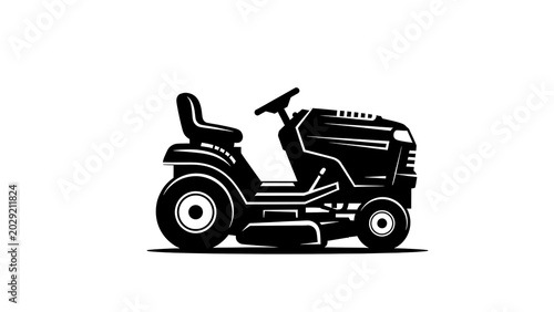 Black and white silhouette of a modern lawn tractor isolated on a plain white background