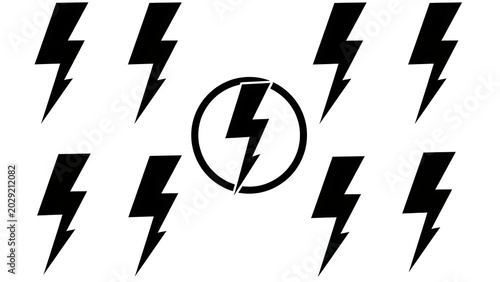 Black and white illustration of lightning bolts arranged around a central electric symbol