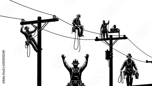 Linemen working on high voltage power lines with safety equipment on a bright day