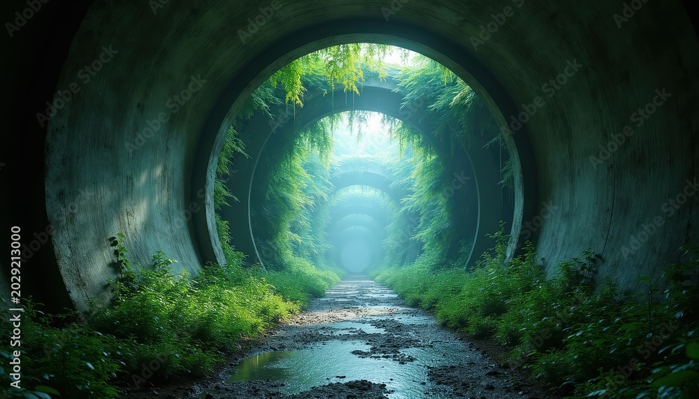 Fototapeta premium Concrete tunnel opens to lush green forest path. Light spills from arched ceiling creating mysterious atmosphere. Overgrown plants line the wet ground. Explore unknown destination.