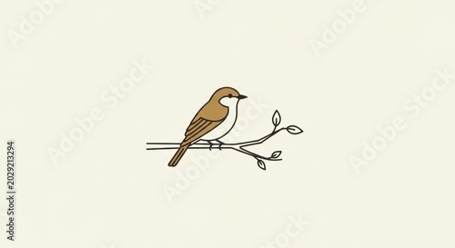 Brown Sparrow Perched on a Thin Branch With Leaves on White Background