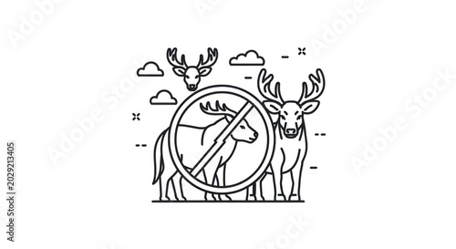 Line Drawing Deer Heads With Antlers Inside Circular Frame and Standing Deer Illustration