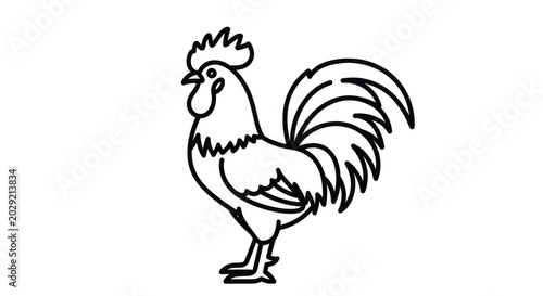 Minimalist Black and White Line Drawing of a Rooster Standing on a Clean Plain Background