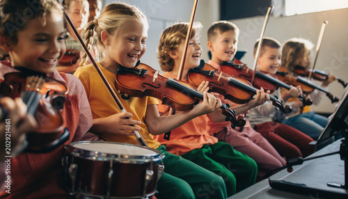 Children playing violins and drums in a music class or rehearsal.