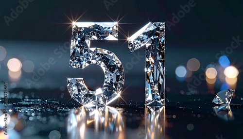 Glowing diamond number fifty-one shines brightly on a reflective surface
