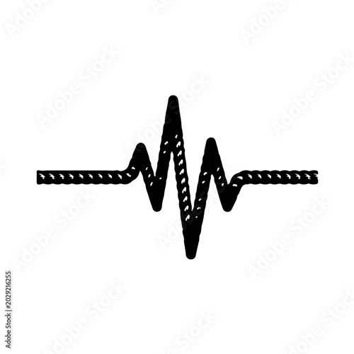 Minimalist black and white vector icon combining a climbing rope with an ECG heartbeat pulse line. Creative concept symbol for passion for rock climbing and adventure.