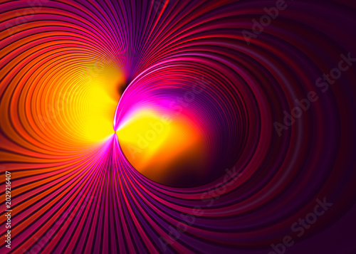 Neon tunnel converging to central yellow glowing vortex. Abstract background for technology themes. Fractal render.