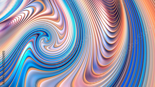 Abstract iridescent striped spiral pattern background. Fractal render.