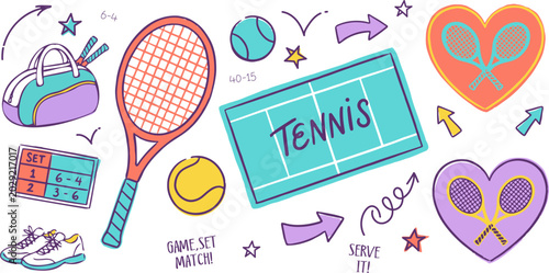 Cute tennis club doodle element set with racket, court and scoreboard