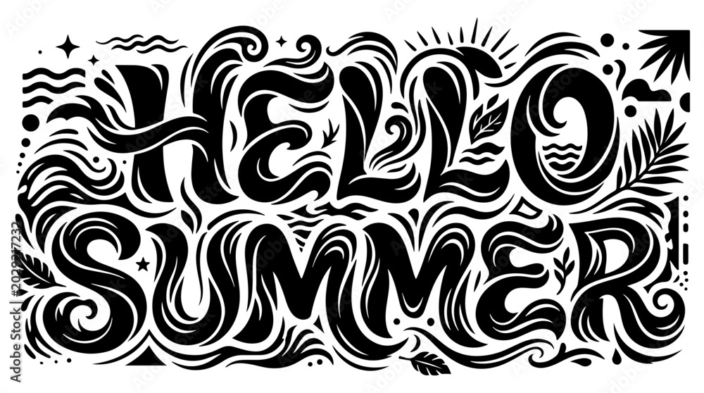 Fototapeta premium Intricate black and white hand-drawn typography art spelling 'HELLO SUMMER' with decorative swirls, waves, sun, and leaves, evoking a vibrant summer feeling.