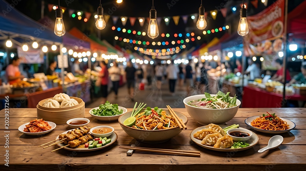 Fototapeta premium Assortment of delicious Asian street food dishes arranged on a wooden table at night market