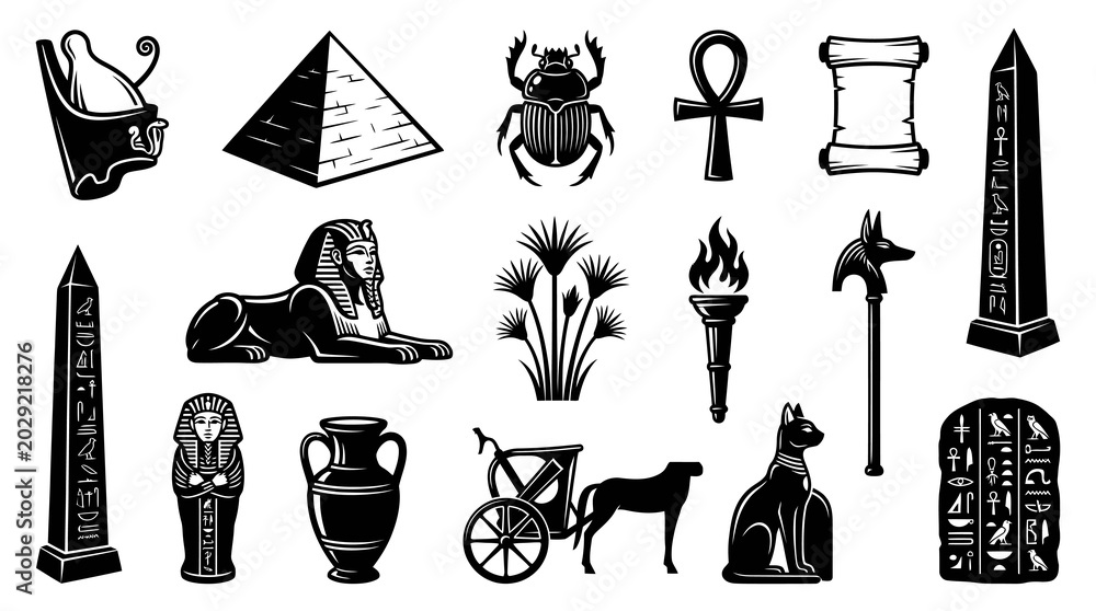 Obraz premium Ancient Egypt Black and White Line Art Icons Set. Historical Culture Glyphs and Artifacts Collection.