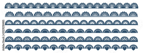 Obraz na plátně Elegant scallop lace trim collection in soft blue shades, featuring intricate crochet patterns, decorative borders, and vintage-style edges for crafts and design projects