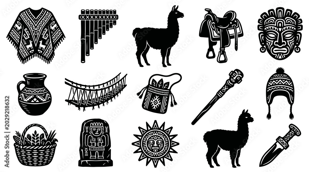 Fototapeta premium Andean Culture Icons: Llama, Poncho, Panpipe, Bridge, Mask, Sun