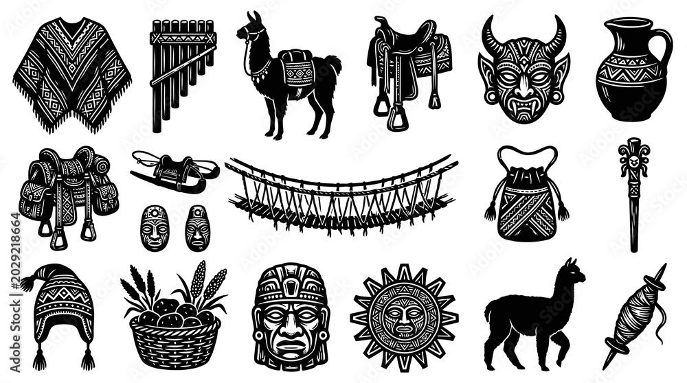 Obraz premium Black and White Vector Icons: Andean Culture, Llama, Poncho, Mask, Sun Symbol
