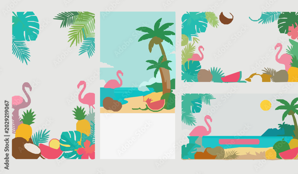 Obraz premium Summer tropical background set with flamingo coconut tree and fruit editable vector illustration