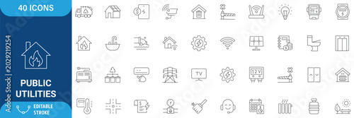 Public utilities icon set. Contains icons related to public utilities, Gas, electricity, water, heating, and more. line Icon. Vector illustration. Editable stroke