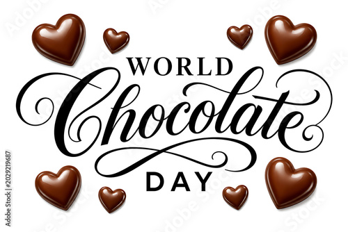 World chocolate day calligraphy with numerous chocolate hearts on clean white background.