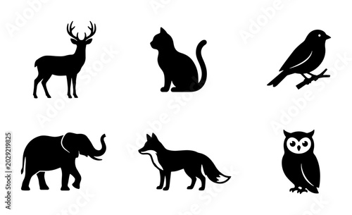 Photography Silhouette Animal Icons Set: Deer, Cat, Bird, Elephant, Fox, Owl Vector Graphics