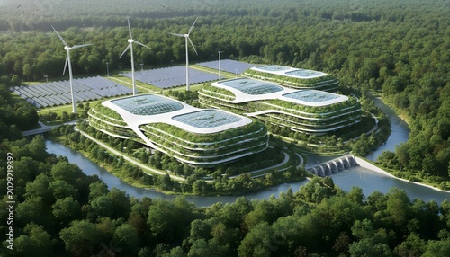 Futuristic green data center surrounded by forest and renewable energy infrastructure
