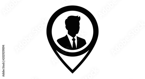 Corporate geographic position pointer pin vector image highlighting a classic black silhouette icon of a professional businessman in a formal suit