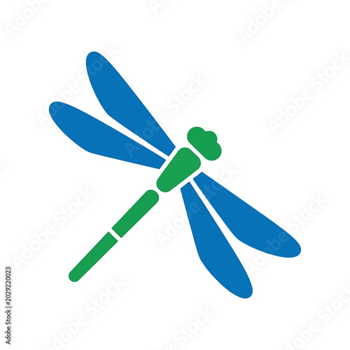 Fotografie Green and blue dragonfly insect graphic.