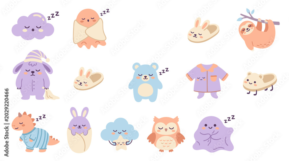 Fototapeta premium Cute Sleepy Animals and Baby Characters Flat Vector Illustration Set for Children's Bedtime Lifestyle