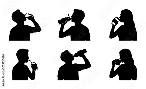 Vászonkép Silhouette Set: People Drinking Beverages, Hydration Icons, Refreshment Vector G