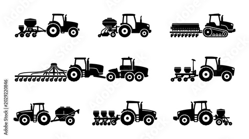 Quadro su tela Farm Tractor Icons Set, Agricultural Machinery Vector Collection, Rural Farming