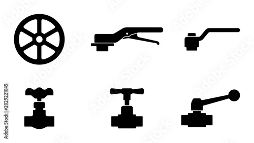 Photos Industrial Valve Icons Set, Plumbing Fixture Silhouettes, Mechanical Control Sym