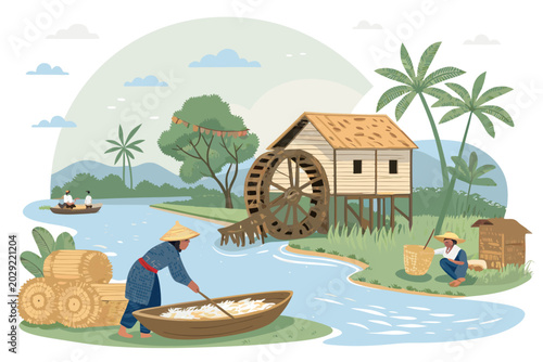 Vászonkép Traditional Floating Rice Mill Background With Woo (1)