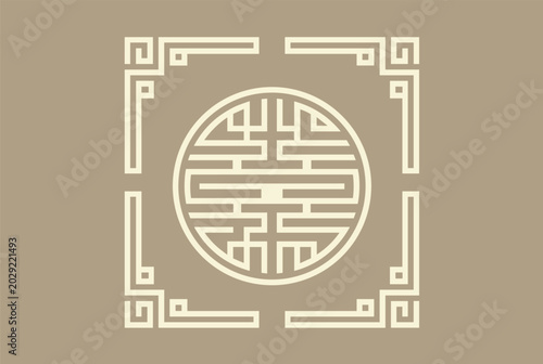 Traditional chinese longevity symbol shou depicted within an intricate square fretwork frame against a subtle taupe background.