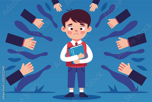 Foto Illustration of a sad schoolboy being bullied by many hands