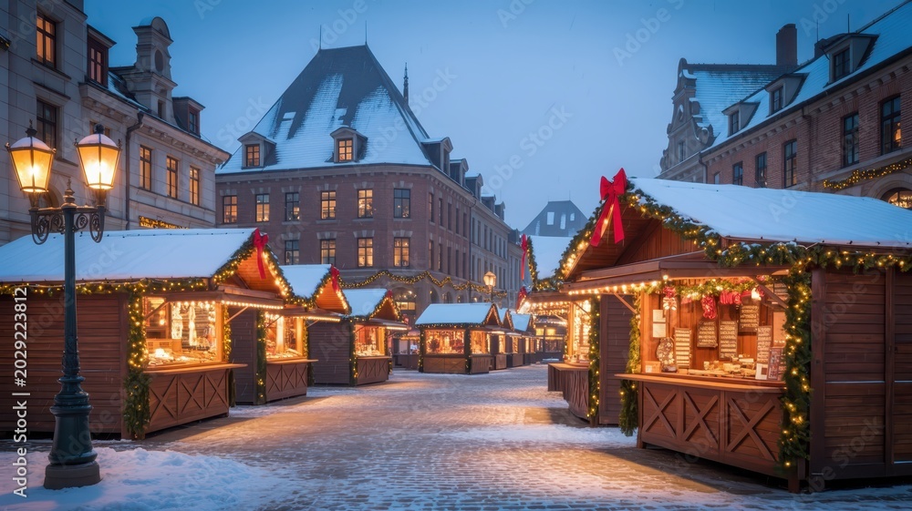Fototapeta premium Festive Christmas Market in a Snowy European Town with Cozy Stalls and Old Architecture