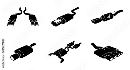 Foto Automotive Exhaust System Silencer Icons, Car Muffler Vector Set, Performance Ve