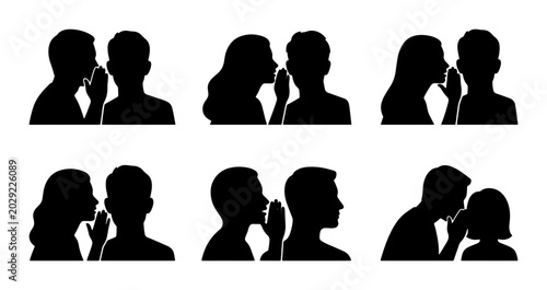 Tableau sur toile Whispering Secrets Silhouette Icons, Gossip and Rumor Communication Vector Set,