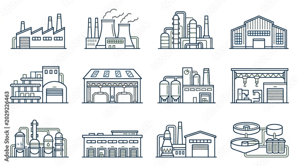 Fototapeta premium Collection of Industrial Factory Buildings Icons Set.