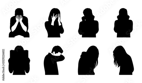 Fotografie Set of 8 Silhouette Figures Expressing Sadness, Grief, and Despair, Vector Icons