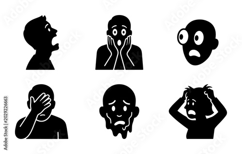Schilderij op canvas Shocked Faces Vector Icons, Emotion Silhouettes, Fear and Surprise Expressions,