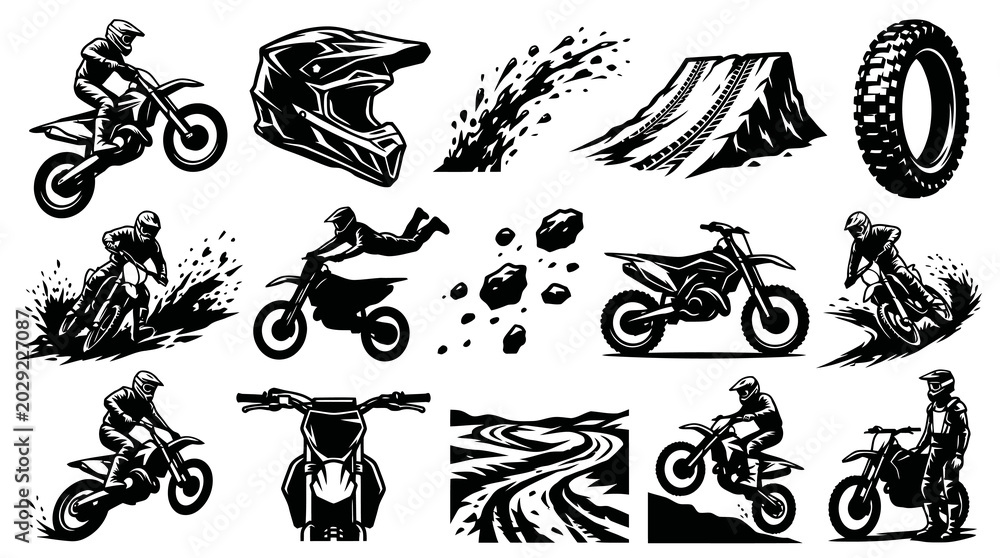 Obraz premium Black and White Vector Set of Motocross Dirt Bike Rider and Helmet